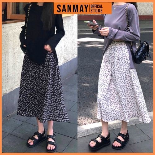 Chân váy hoa nhí vintage dài SANMAY Chân váy công sở dài qua gối ulzzang, vải voan, cực xinh yêu CV004