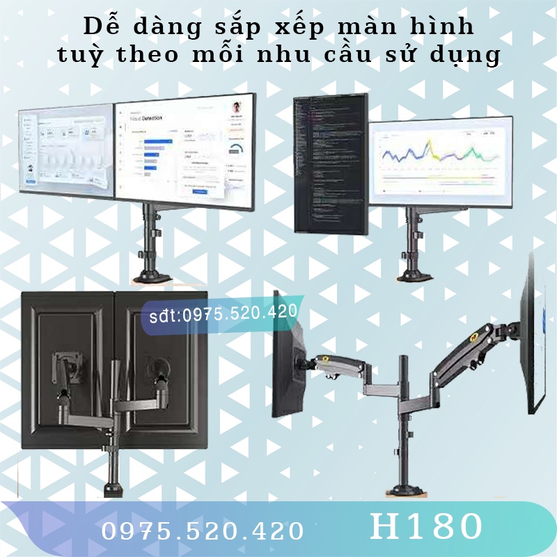 H180 - Giá treo 2 màn hình [17-35 inch]/ Giá đỡ 2 màn hình/ Phiên bản 2 tay của H100 [Cao cấp hơn M052 M074 F160]