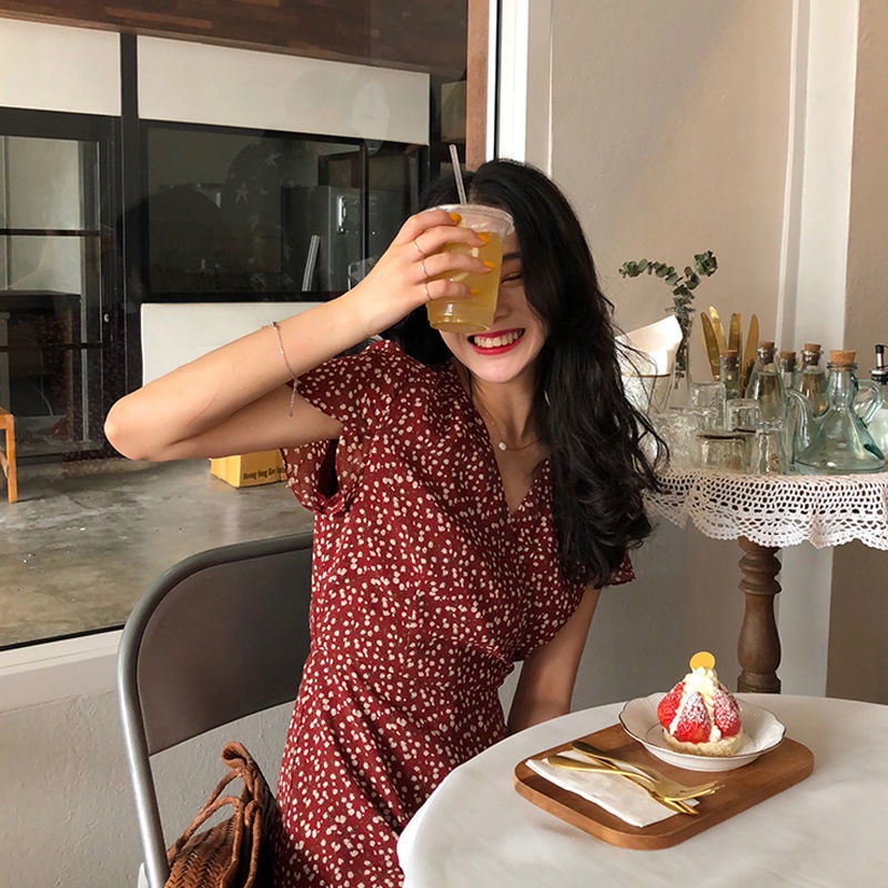 Đầm Chữ A Cổ Chữ V In Họa Tiết Hoa Phong Cách Hàn Quốc Thời Trang