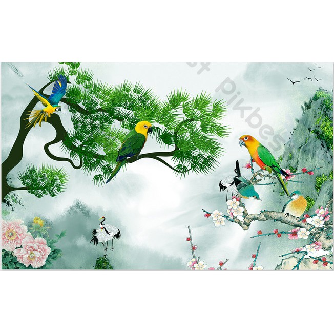 Tranh dán tường Đàn vẹt trên cành cây xanh và hoa đẹp, Tranh 3d dán tường hiện đại (tích hợp sẵn keo) MS1101863