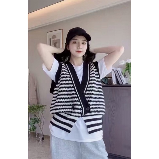 Set Áo Ghi Lê Len Sọc Ngang Kết Hợp Sơ Mi Trắng  - Thời Trang Thu Đông Nữ