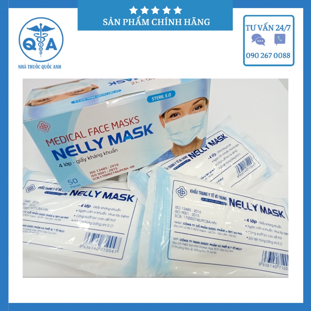 [CHÍNH HÃNG] Khẩu trang y tế vô trùng Nelly Mask 4 lớp màu trắng kháng khuẩn HỘP 50 CHIẾC