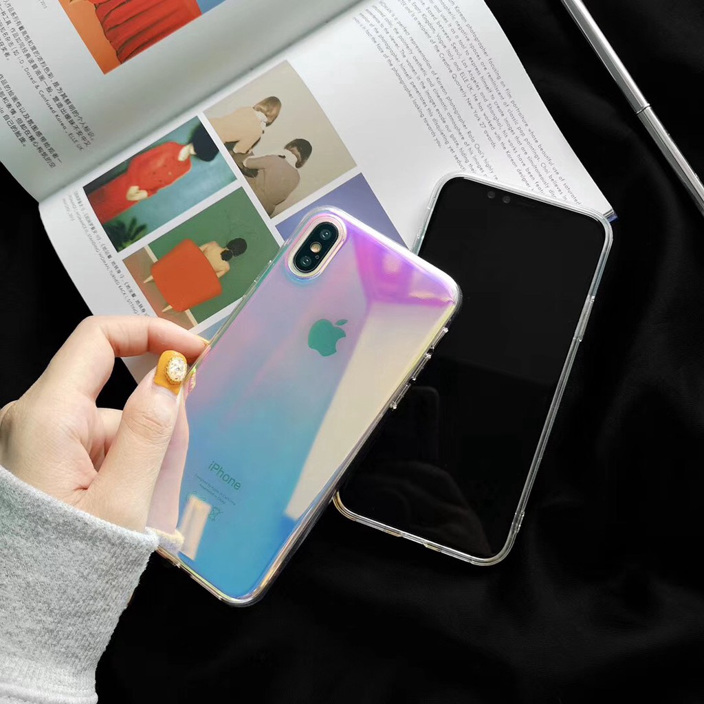 Ốp điện thoại lưng kính trong suốt phối màu  iPhone 8 7 6s Plus 10 11 Pro XS Max XR