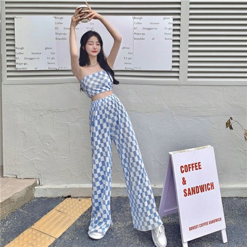 SET QUẦN ÁO NỮ CARO / ÁO CROPTOP ỐNG / QUẦN ỐNG RỘNG XUÔNG CẠP CHUN HỒNG XANH