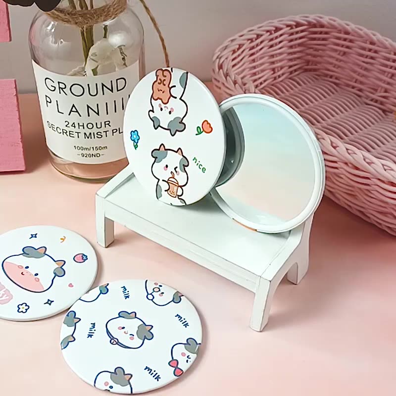 Gương Mini Cầm Tay Bò Sữa MỚI Siêu Dễ Thương - Gương Tròn Cầm Tay Bỏ Túi Họa Tiết Bò Sữa Molangshop