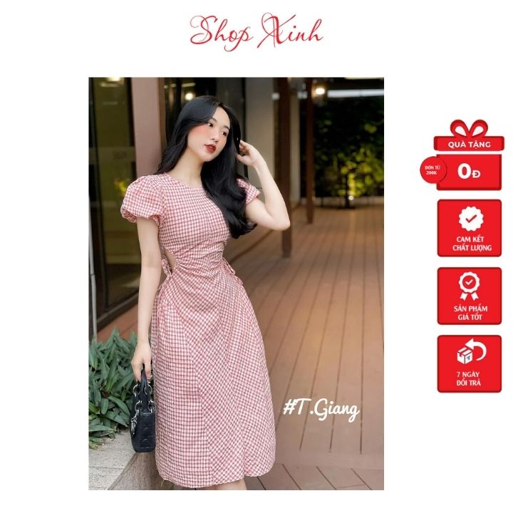 Váy Kẻ Sọc Xòe Ngắn Đuôi Cá Thun Eo Ôm Tay Bồng Thời Trang Cao Cấp