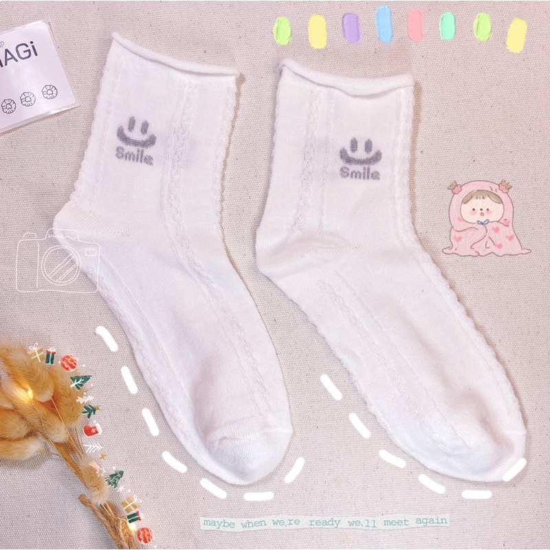 Set 5 Đôi Tất nữ Vintage Trắng Phối Ren Hoạ Tiết Smile Nice day Good luck Phong cách Hàn quốc Học sinh Sinh Viên