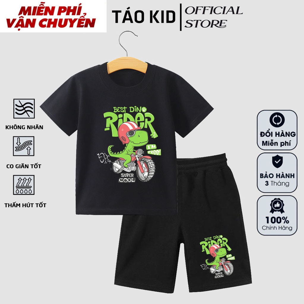 Đồ bộ bé trai, đồ bộ bé gái cộc tay Táo Kid chất cotton in hình Khủng Long Lái Mô Tô từ 0 đến 10 tuổi TK82