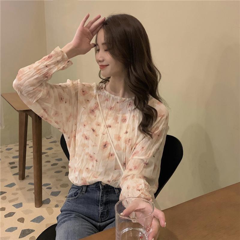 Korean style floral chiffon micro-transparent all-match long-sleeved shirt，cheap borong of Koreanfashion women's clothing readystock 210521