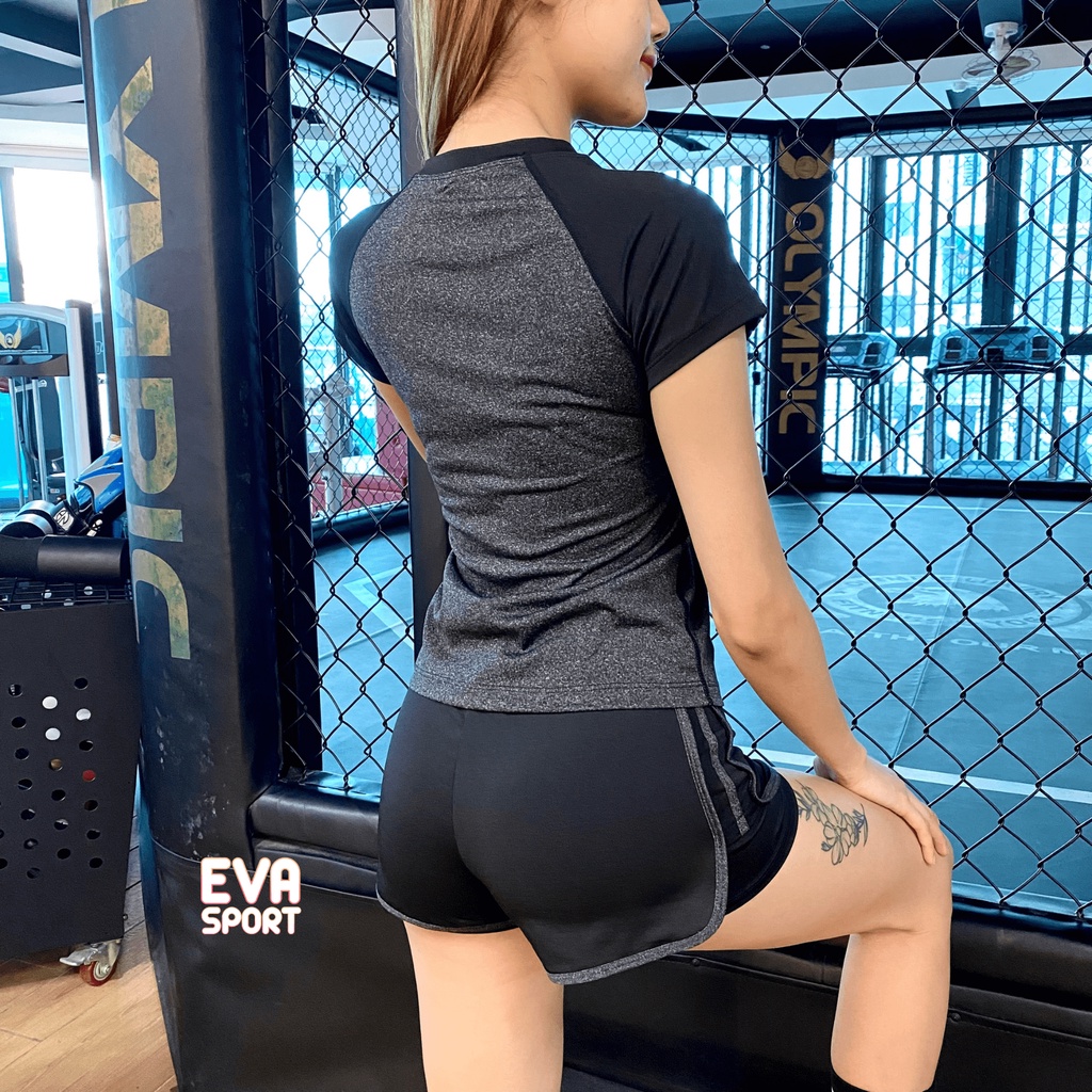 Set Đồ tập gym nữ yoga gồm quần đùi 2 lớp áo thun tập 2 mảnh cao cấp co giãn, thấm hút mồ hôi tôn  - EvaSport_vn