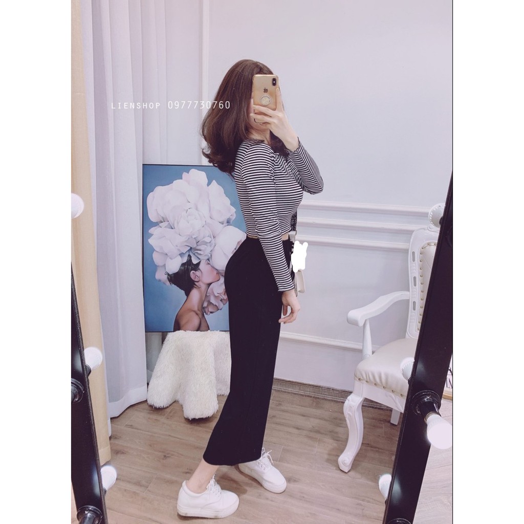 SET ÁO CROPTOP KẺ VIỀN BÈO DÀI TAY MIX QUẦN CULLOTES DÀI
