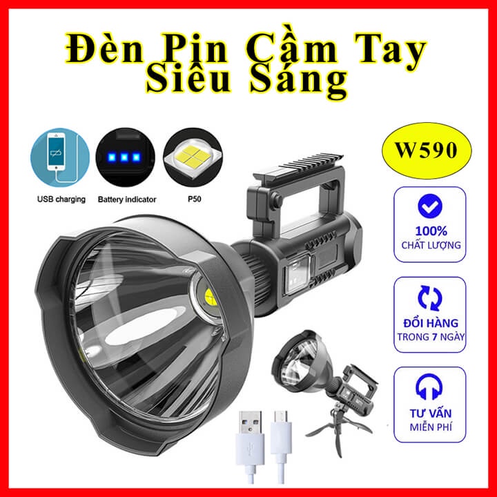 Đèn pin cầm tay siêu sáng chiếu xa 1000m có chân đế W590 chống thấm nước, đèn pin cắm trại dã ngoại