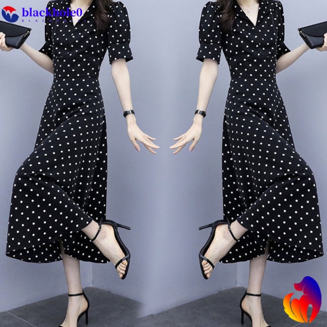 BH Summer Slim V-neck A-line Dress Simple Dot Flare Sleeves Middle Long Causal Dress