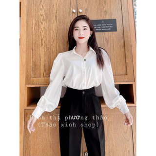 áo sơ mi lụa bóng tay bồng, quần baggy đen basic công sở