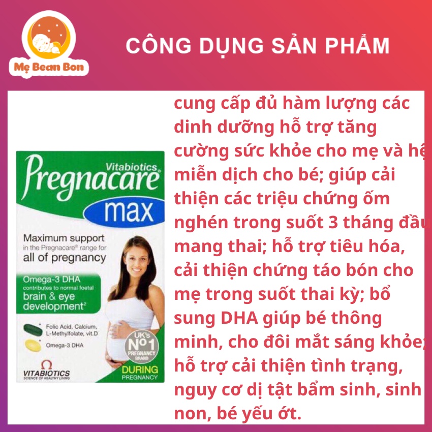 Vitamin bầu Pregnacare Max 84 viên của Anh cho bà bầu và mẹ sau sinh Bổ sung đầy đủ Folic, Sắt, DHA, Canxi cho mẹ và bé