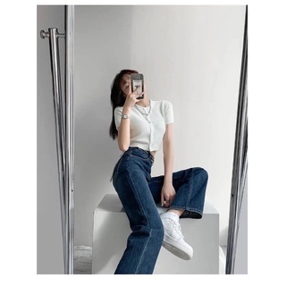 Quần jean ống suông hách dáng cạp cao 2 nút nút phong cách hàn quốc