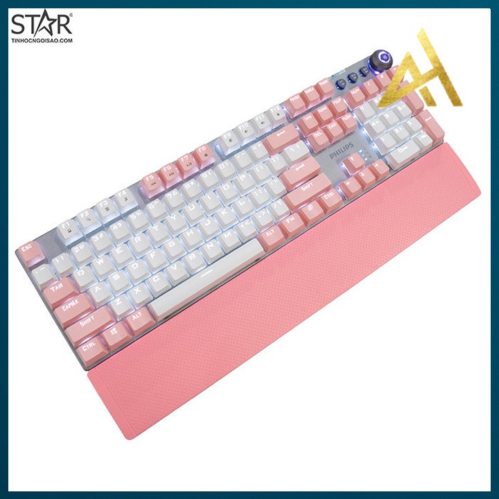 Bàn Phím Cơ Gaming Keycap Xuyên Led Đổi Màu Philips 8614DQ Màu Hồng Bàn Phím Máy Tính Laptop Có Dây Keyboard Chơi Game