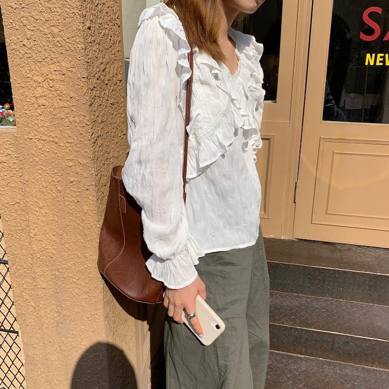 Áo Sơ Mi Tay Dài Cổ Chữ V Dáng Rộng Xếp Ly Thời Trang Mùa Thu Hàn Quốc Mới