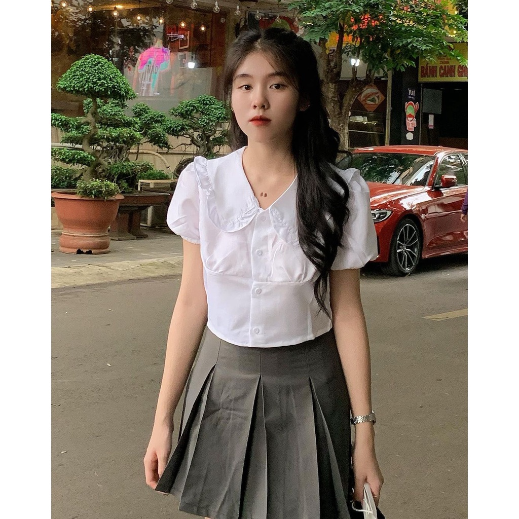 Set áo croptop + chân váy tennis xám
