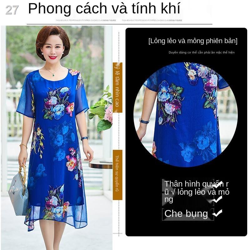 Váy hè nữ trung niên dài qua gối 40-50 size lớn voan ngắn tay cho phụ và cao tuổi