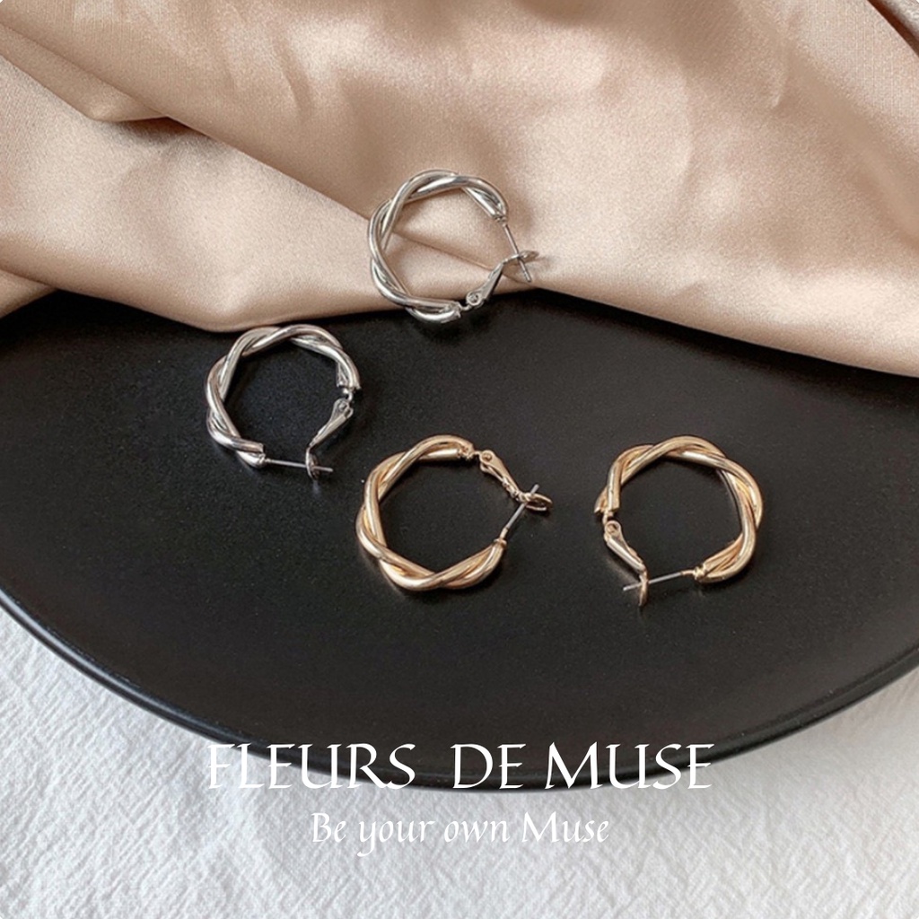 Khuyên tai xoắn mạ vàng sáng size vừa phong cách Retro Fleurs de Muse