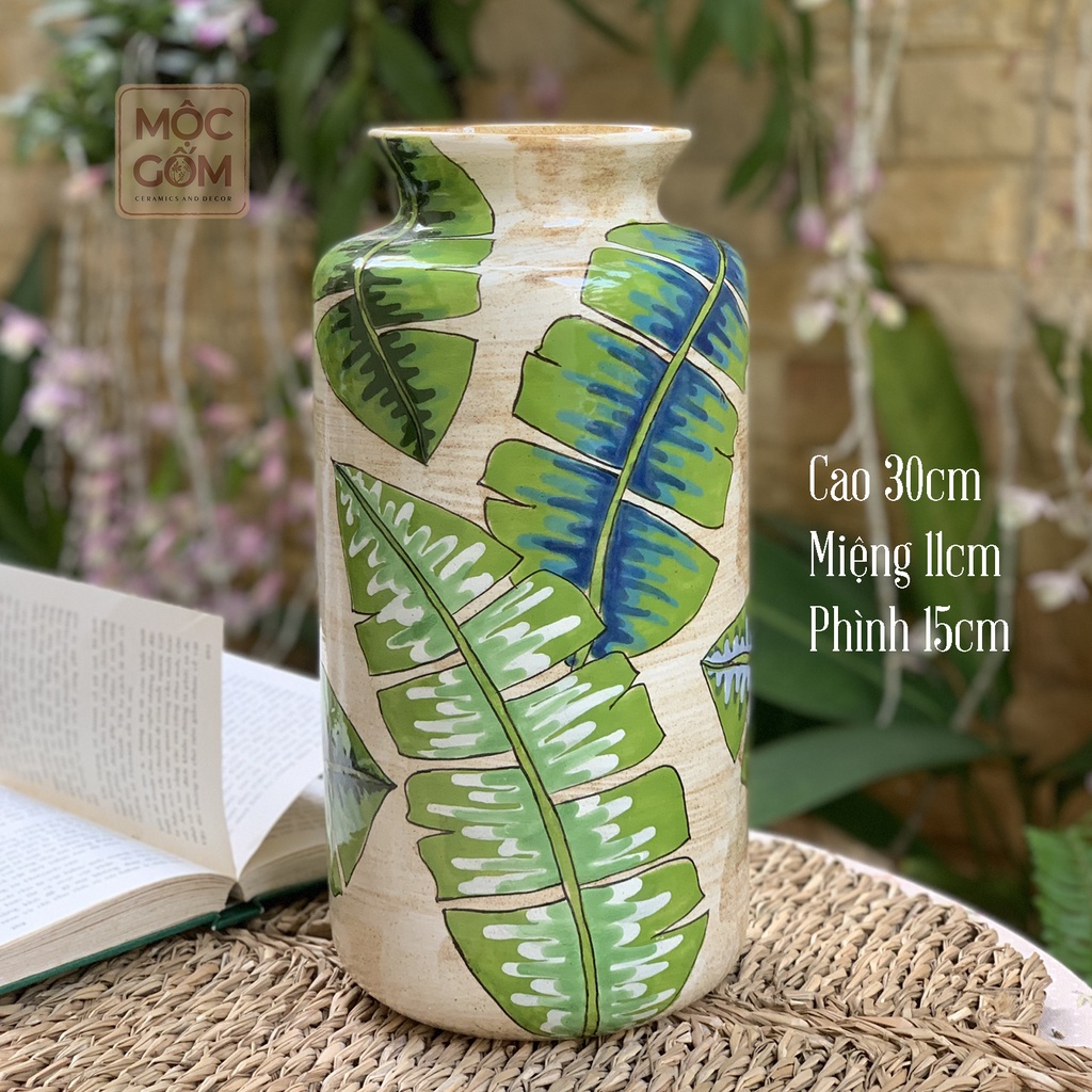 Bình hoa gốm Bát Tràng họa tiết vẽ tay hình lá chuối - Lọ hoa gốm | Mộc Gốm MG99