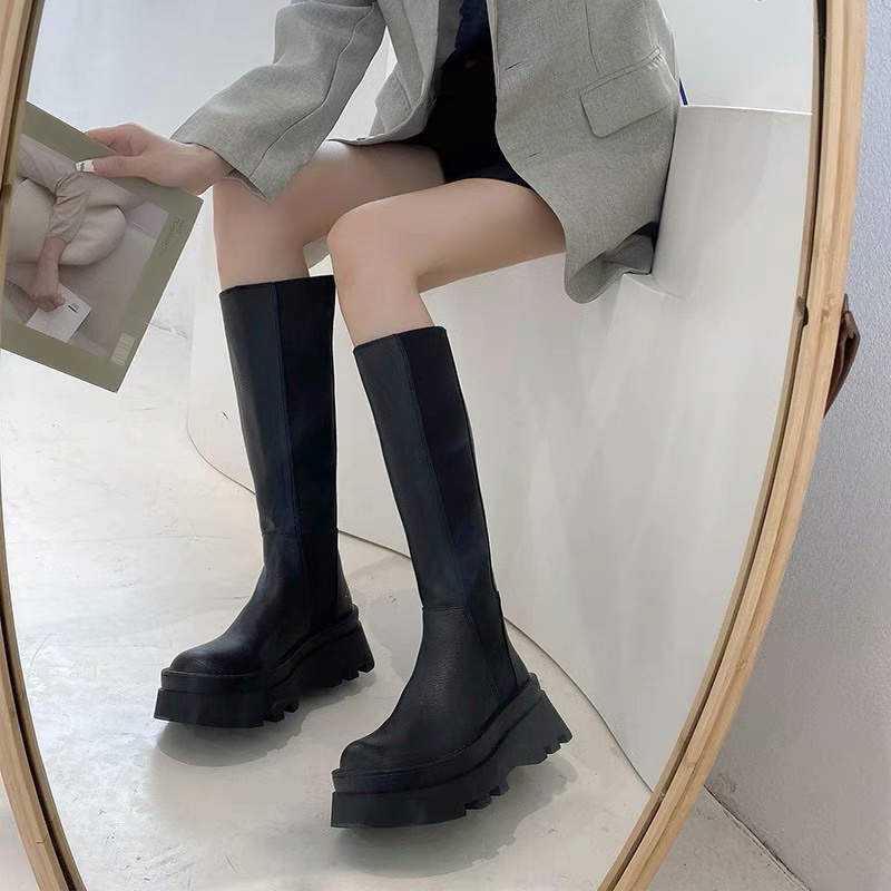 Bốt da cao cổ phối chun