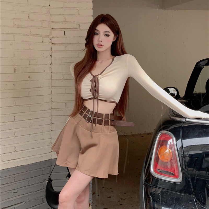 Bộ Áo Thun Tay Dài Dáng Ôm + Chân Váy Chữ A Eo Cao Quyến Rũ Trẻ Trung Cho Bạn