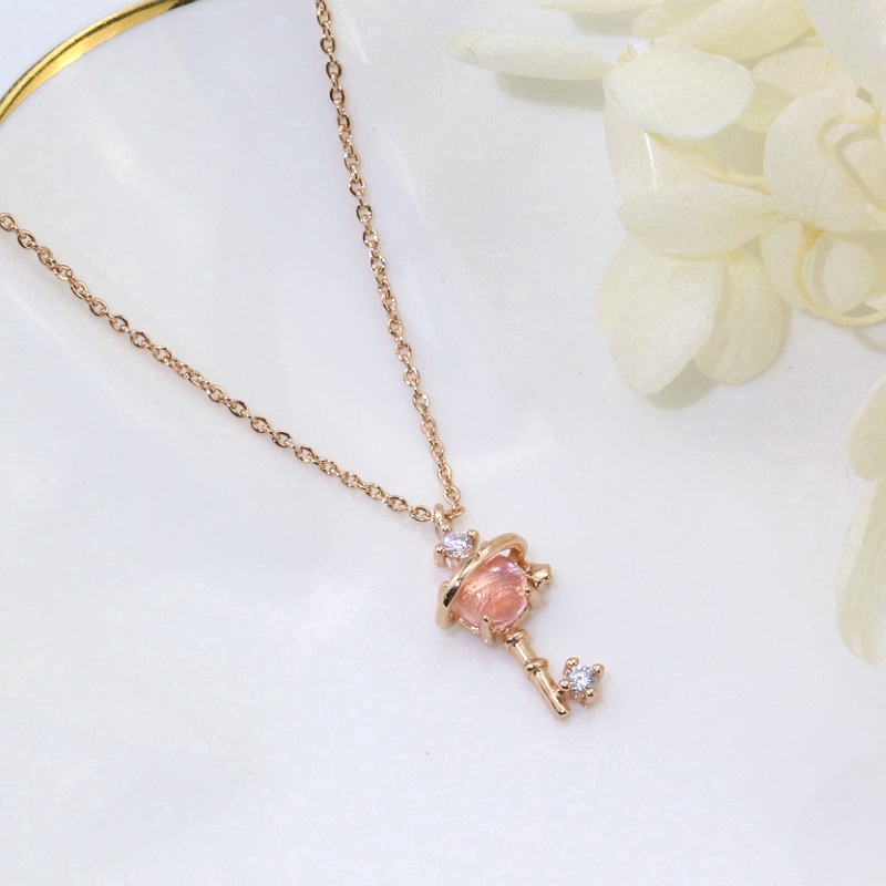 MANYUE Vòng Cổ Tinh Tế Của Phụ Nữ Pink Crystal Gemstone Pendant Rose Gold Necklace