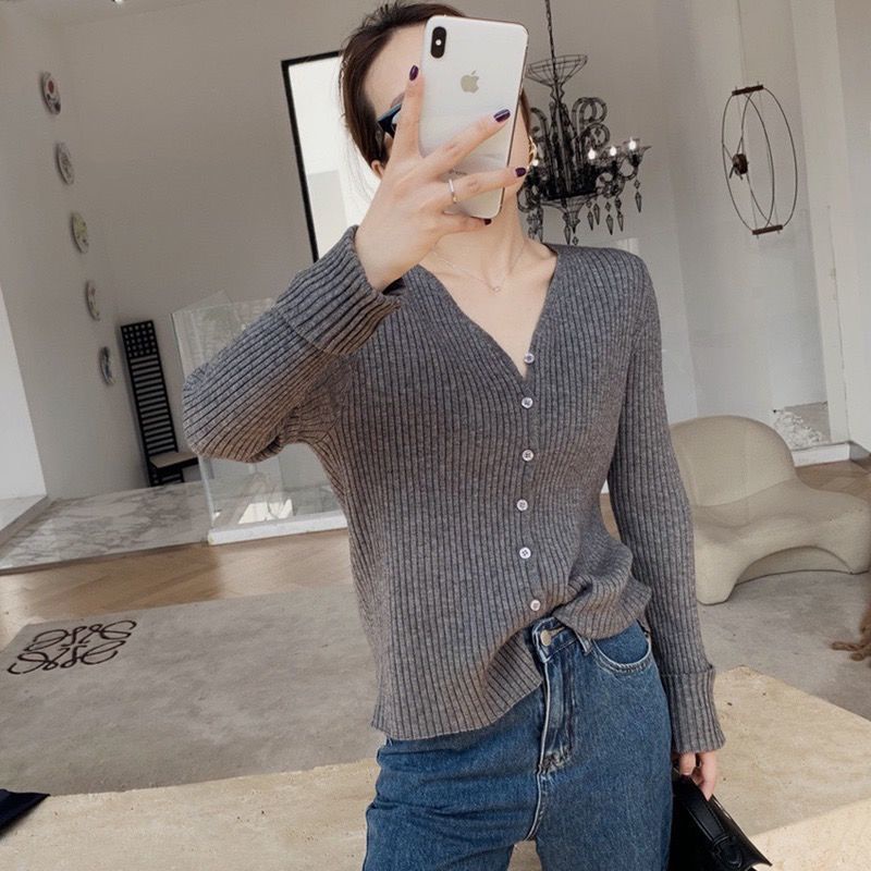 Áo cardigan dệt kim dài tay cổ chữ V thời trang thu đông mới năm 2023