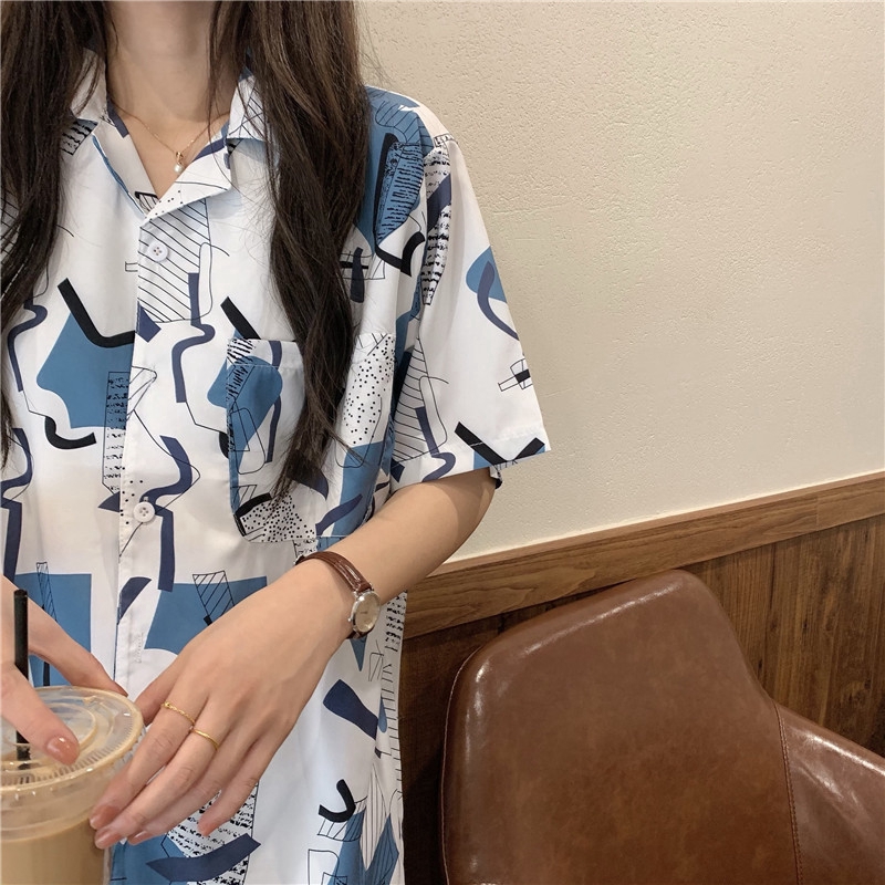 SUXI Áo Sơ Mi Tay Ngắn Cổ Chữ V Hoạ Tiết In Phong Cách Vintage Cá Tính