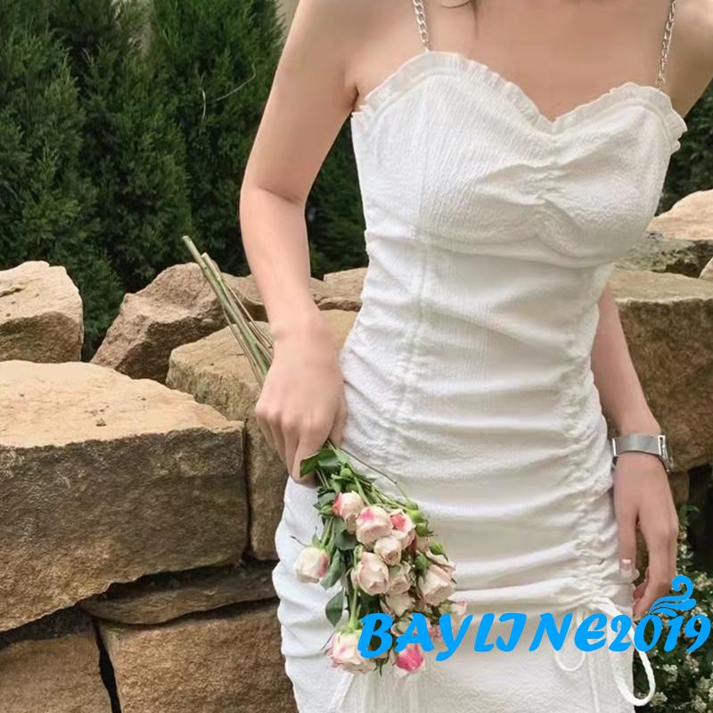 BAY-Women´s Slim Dress Metal Sling Design Sleeveless V Neck Drawstring Pleated Elegant Mini Dress