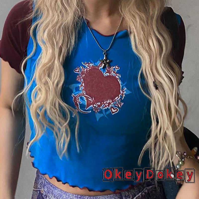 OKDK-Women´s Tops Contrast Color Heart Printed Slim Pullover T-Shirt