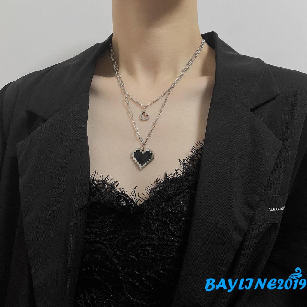 Dây chuyền hai lớp mặt hình trái tim mosaic màu đen phong cách hip hop làm quà valentine cho nữ