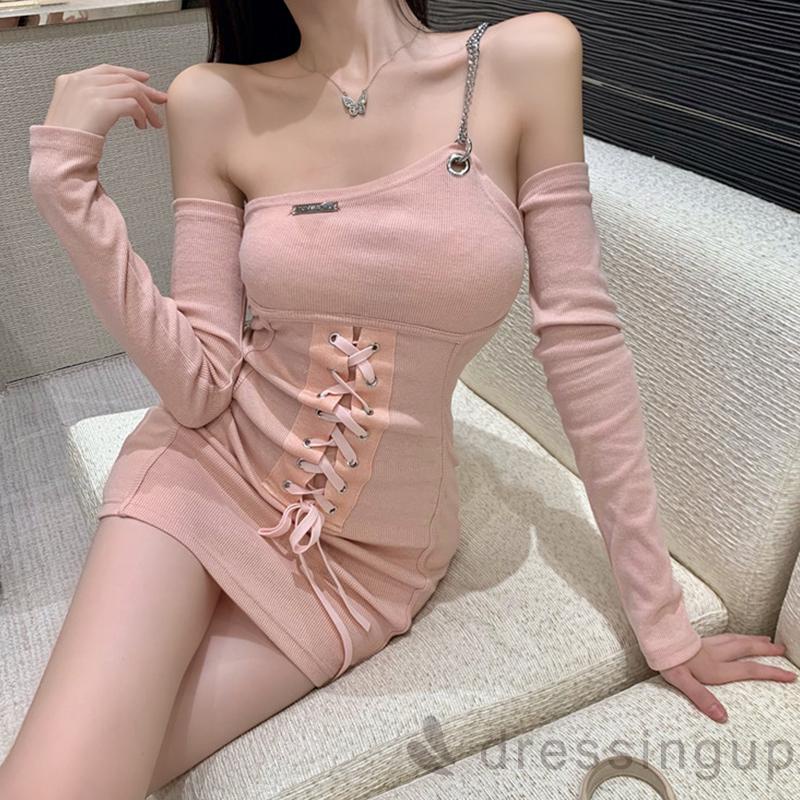 Đầm Mini Dài Tay Trễ Vai Phối Dây Xích Gợi Cảm Cho Nữ