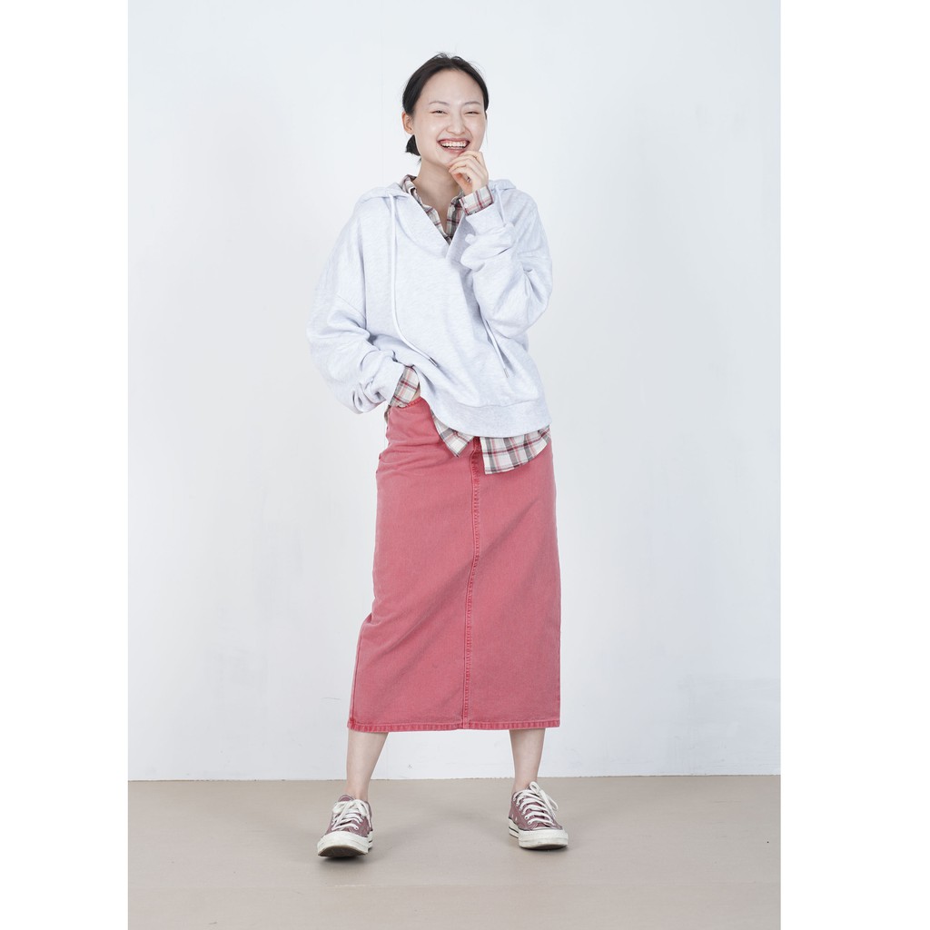 [gwilee] cherry skirt - chân váy jeans màu hồng / chân váy midi Hàn Quốc