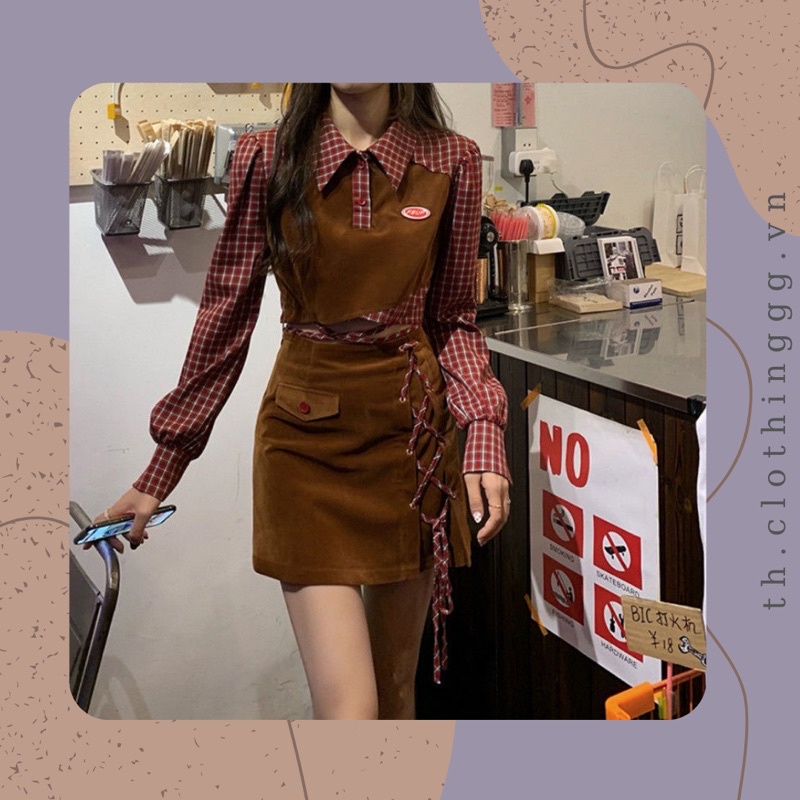 Set áo croptop váy triết eo đỏ nâu (ảnh thật)