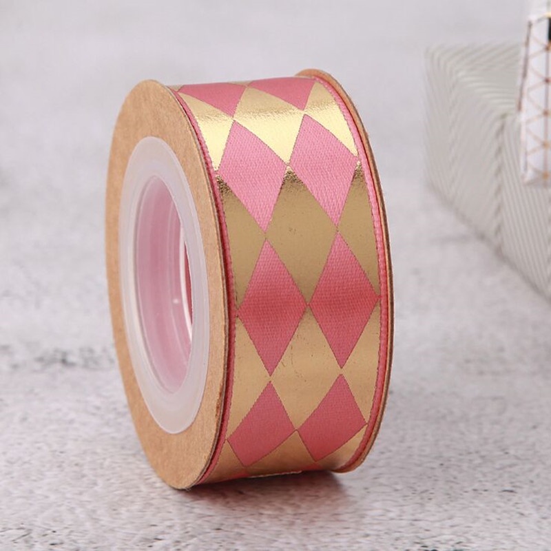 Cuộn Dây Ruy Băng In Họa Tiết Kim Cương 8Yard 2.5cm Màu Đỏ / Hồng Làm Hộp Quà Tặng