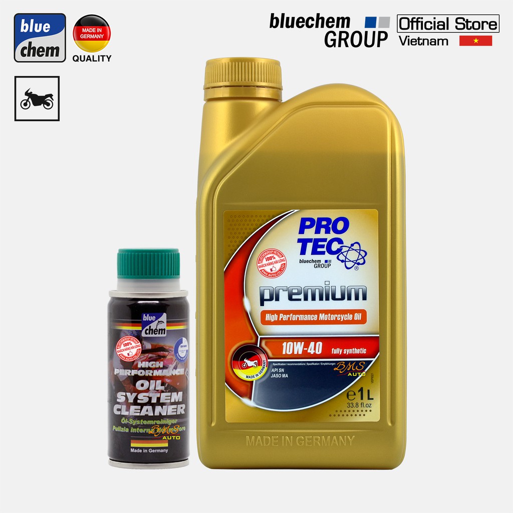 Cặp sản phẩm bluechem Làm sạch hệ thống bôi trơn và dầu nhớt Hiệu năng cao PRO-TEC 10W-40 dành cho mô tô xe máy