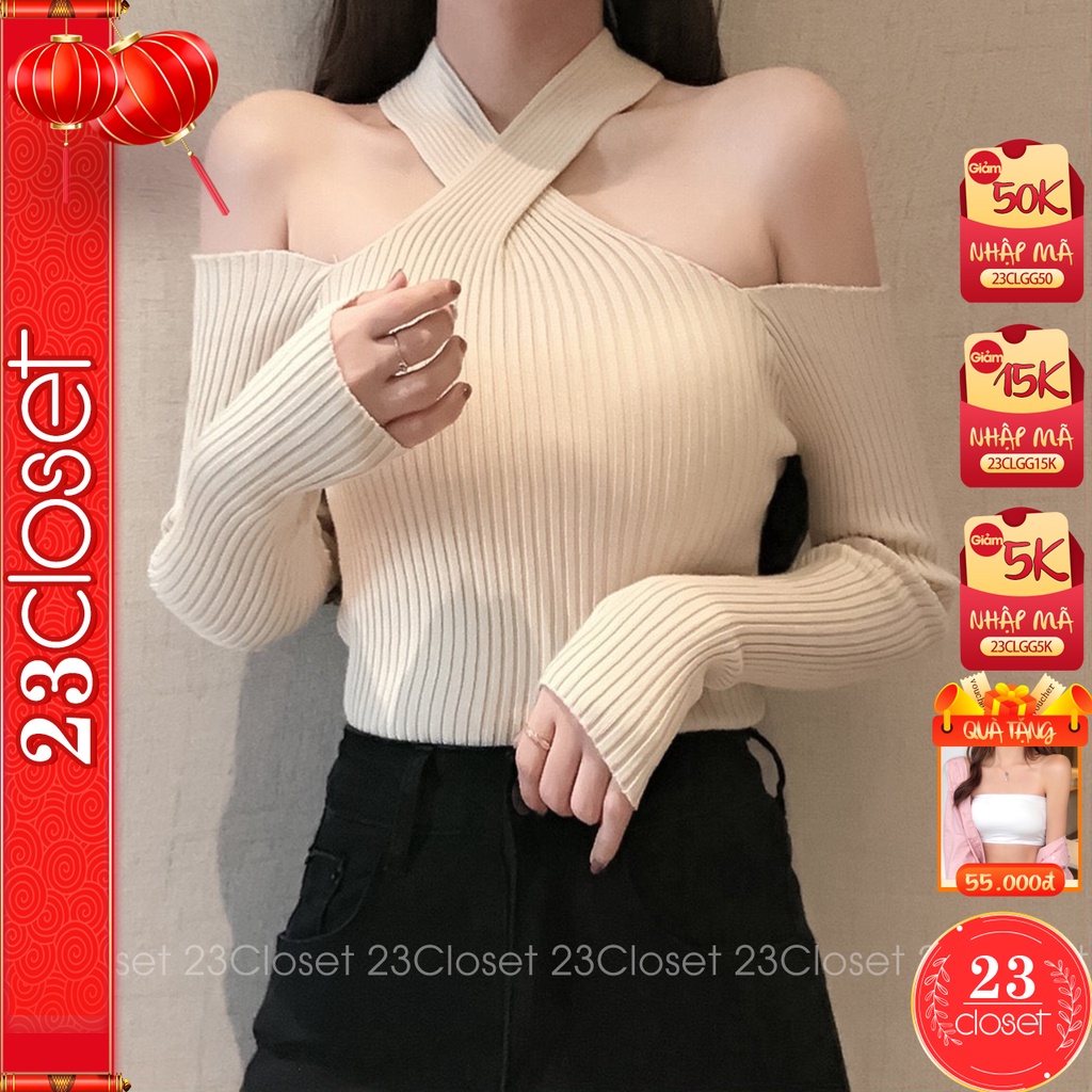 Áo len tăm tay dài trễ vai nữ 23Closet kiểu Hàn Quốc dáng dài hở vai cao cấp chất co giãn tốt  - ALTT01