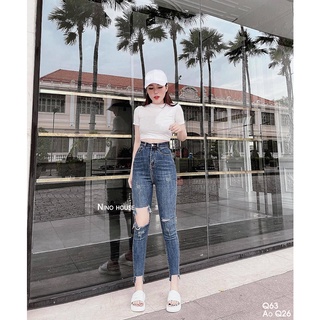 Quần jean cạp siêu cao rách kiểu