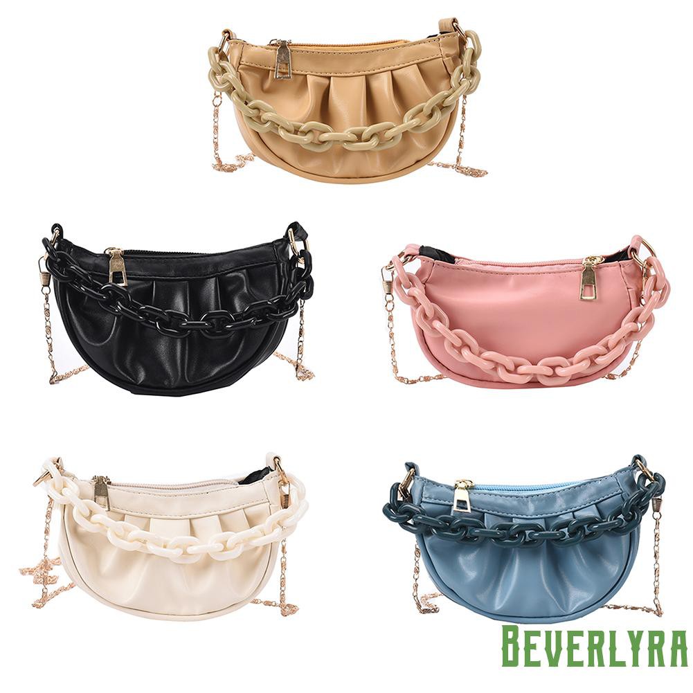 【Low Price】Vintage Women Pleated Pure Color Chain PU Shoulder Bag Casual Small Handbag