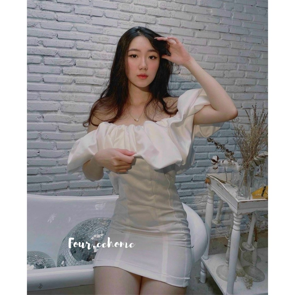 Đầm trễ vai bồng ngực 2 màu trắng, đen