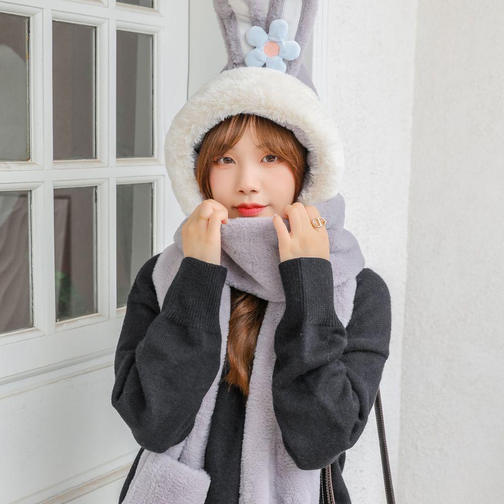 Set Găng Tay + Mũ + Găng Tay + Khăn Choàng 3 Trong 1 Bằng Vải Lông Đính Tai Thỏ Ấm Áp Thời