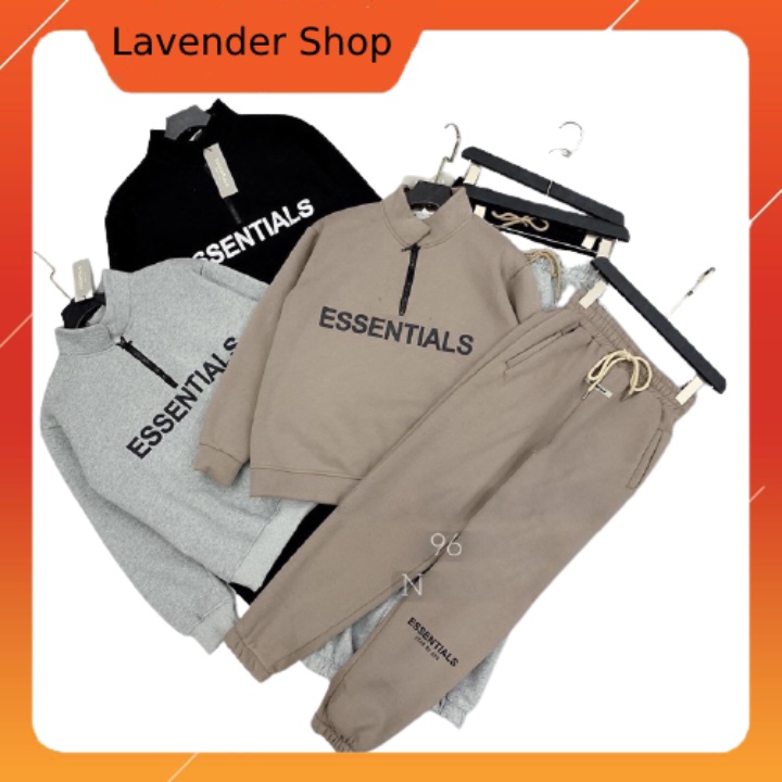 Set bộ nỉ lót bông thể thao chữ nổi essentials khoá cổ - Lavender