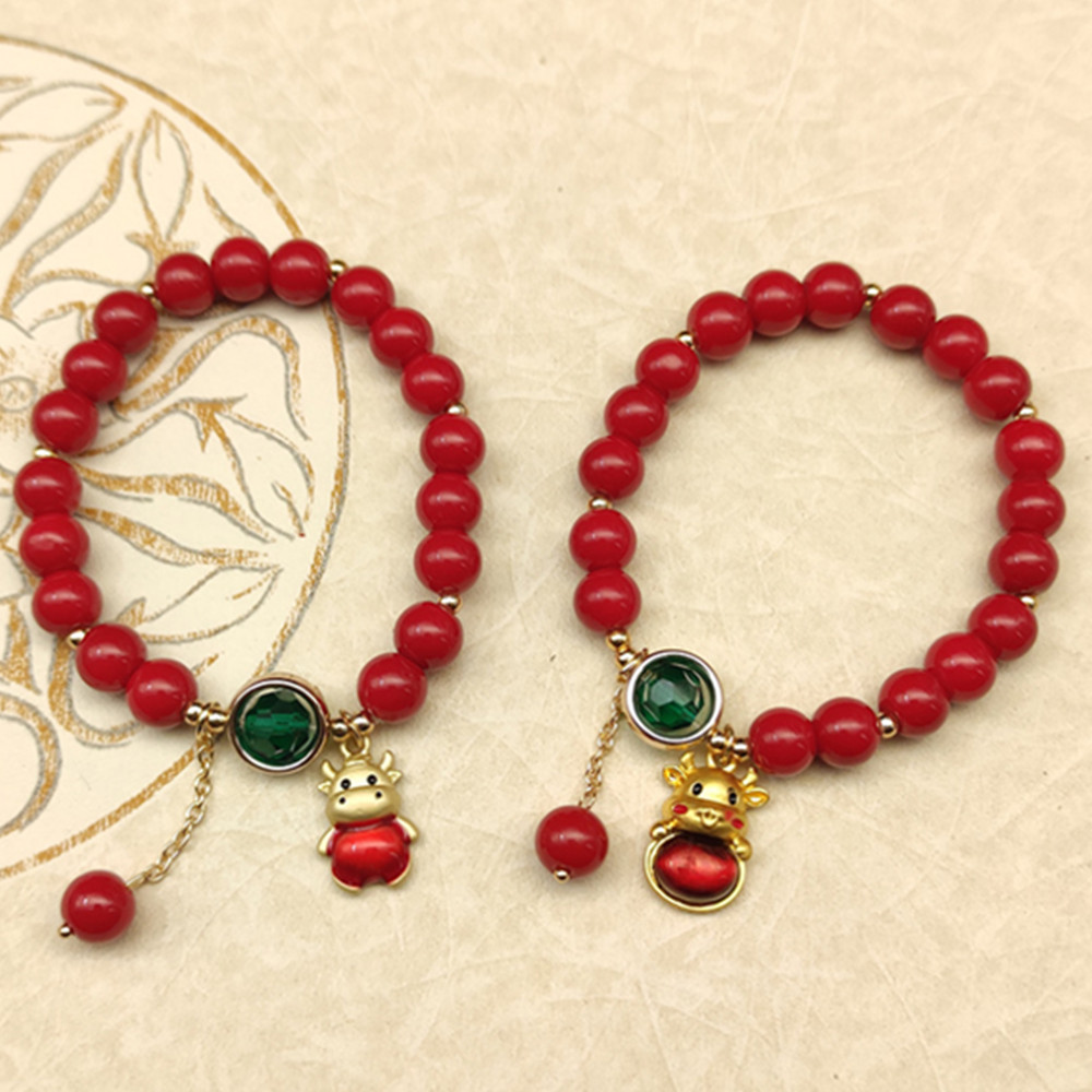 Glass Crystal Lucky Bag Red Bead Bracelet Cute Cattle Pendant Adjustable Fashion Accessories Women