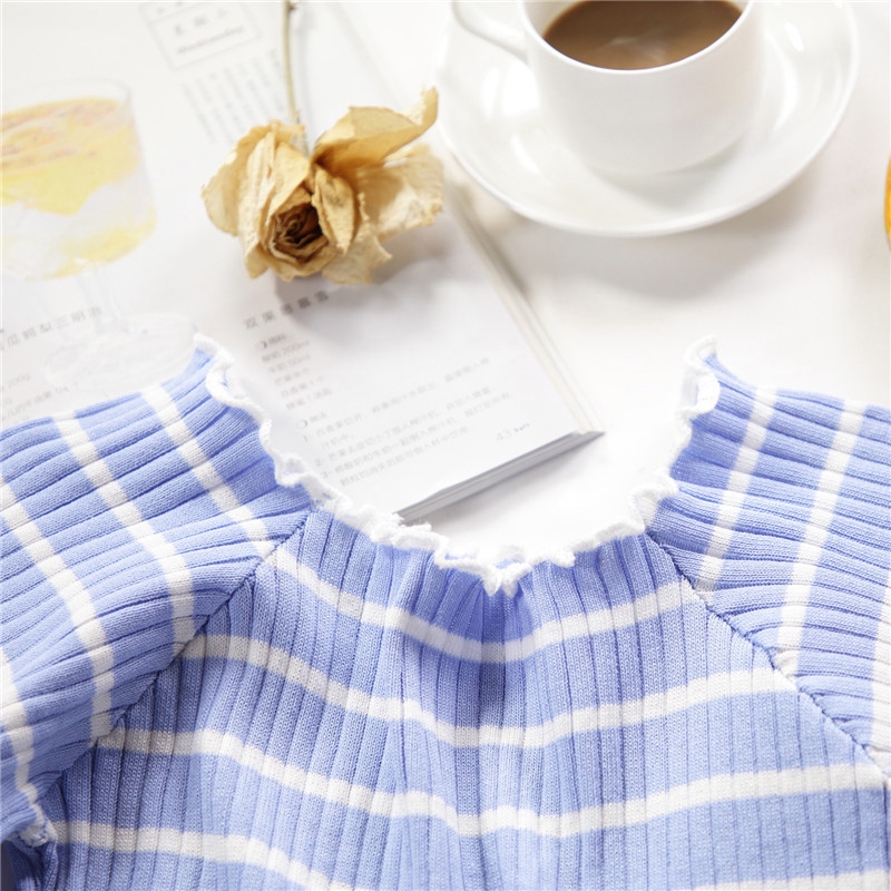 SUXI Áo croptop len thiết kế sọc ngang xinh xắn cho nữ