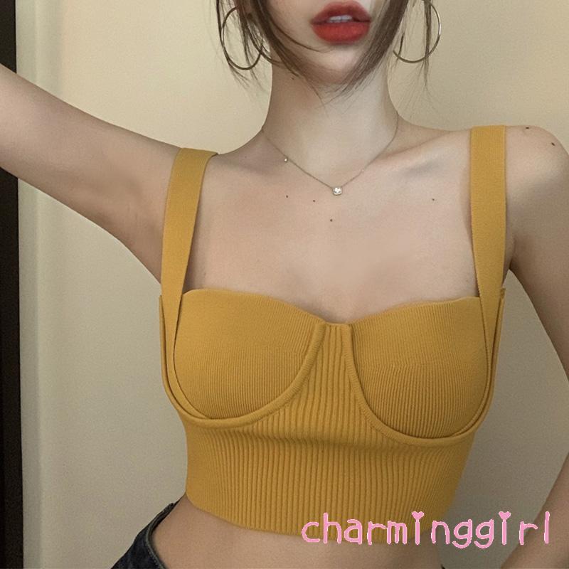 Áo croptop dệt kim màu trơn dây đeo vai bản rộng thời trang cho nữ