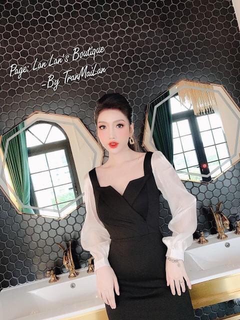 Váy cổ u chéo tay tơ bồng dài