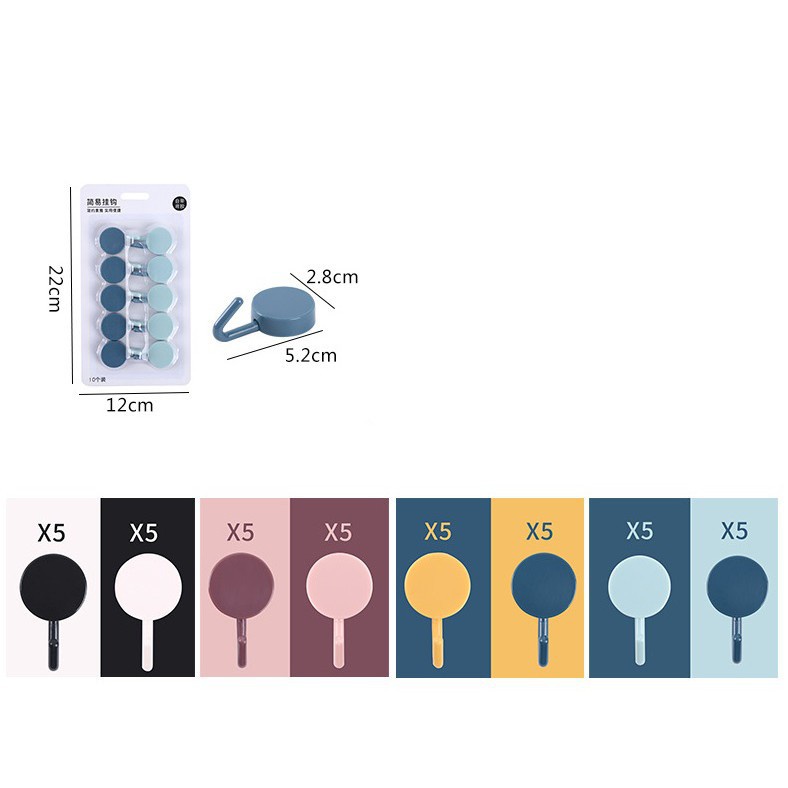 Vỉ 10 Móc Tròn Decor Dán Tường Nhiều Màu Sắc Dễ Thương